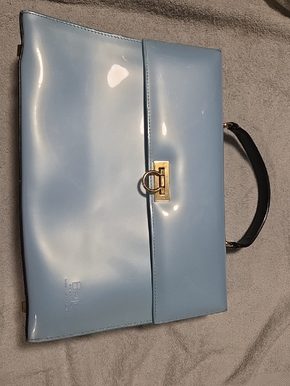 Vintage Beijo Light Blue Patent Leather Satchel Top Handle Gold Hardware